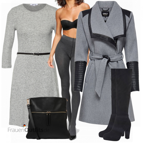 Grau/Hellgrau Kleid Große Größe/Strick Große/Short Große Größe/3/4 Arm Kleid/Kleid mit Gürtel/Blazer Kleid/Business Kleid/Kleid mit Tasche/Fit & Flare Kleid/Strickkleid/SkaterKleid/Pulloverkleid/Tweed Kleid/Winter Strickkleid About You kombinieren mit Schwarz Overknee Stiefel Tamaris