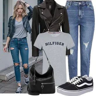 Boho Outfit mit Blau/Hellblau Girlfriend Jeans/Boyfriend Jean/Knöchelstiefel/Jeans mit Schlitz/High Waist Jeans/Lederjacken/Jeans mit Loch Pieces, Schwarz/Dunkelgrau/Grau/Braun Tragetasche/Schulranzen/Schultertasche/Schultertasche Tamaris "Perfekt für die Freizeit"Look: Mom, Trendige, Vintage, Classic, Casual, Schlichte, Overdressed, Boho, Elegant, Uni, Feine, Lack, Schick, Gothic, Waage, Metal, Edel, Bohemian