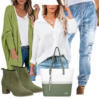 Jeans Outfit mit Grau/Weiß/Creme SchlupfBluse/Blusenbody/Bluse Oberteil/Leinen­Bluse/LangarmBluse/Einfarbige Bluse NONSAR "Modischer Look für den Herbst"