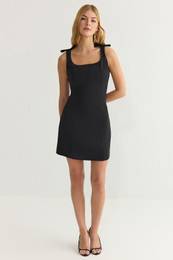 Black Plain Bow Mini Woven Dress