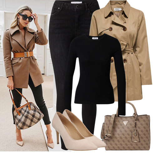 Comment poter Noir/Gris foncé Jeans avec Fente/Jean Coupe Slim/Jean Motard/Jeans Thermiques/Veste d'Hiver/Chaussures en Cuir/Jean Taille Haute/Jean Push-up Vila avec Beige/Kaki/Marron Manteau/Manteau D'été/Women's Trenchcoats/Trench Manteau Only