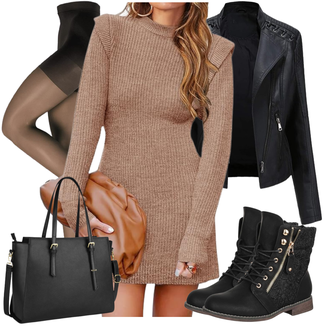 Übergang Outfit mit Schwarz Motorradjacke/Jacke mit Seitlichem Reißverschluss/Ajourstrickjacke/KunstLederjacke/Bikerjacke YYNUDA "Outfit für den Herbst"