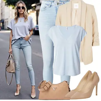Kombinacije za bucmaste Ured sa Bež/Kaki Nekategorizirano Pieces, Svjetloplava/Plava Majica I Top Veći Broj/Bluza Veći Broj/Tunika Only "Proljetni Outfit"Look: Ured, Šik, Sveučilišna, Chic, Disko, Prevelik, Rad, Mom, Preodjeven, Skater