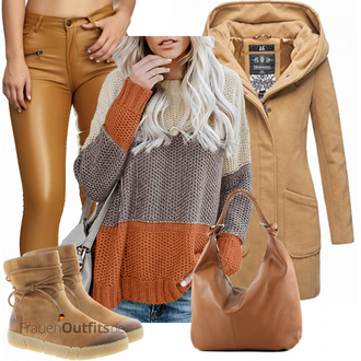 Tanzen Outfit mit Braun/Beige Lammfell Winterstiefel/Winter Sneaker/Winterschuh/Lederjacke/Wattierte Stiefel/Winter Stiefelette/Gefütterte Stiefelette/Flache Stiefelette Rieker "Cooles Herbst Outfit"Look: Freizeit, Laufen, Skating, Tanzen, Apres ski