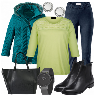 Mit Nieten Outfit mit Schwarz/Braun Chelsea Boot/Flache Stiefelette/Gummistiefelette/Lederjacke/Leder Stiefelette Edited "Farbenfroh"