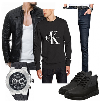 Wolle-seide Outfit mit Schwarz Jacke mit Seitlichem Reißverschluss/Motorradjacke/KunstLederjacke/Bikerjacke Redbridge "Calvin"