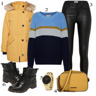 Outfit s Černá Kozačka Šněrovací Kotníková Bota/Bojová Bota/Motorkářská bota Dockers by Gerli "VERO MODA KABÁT"