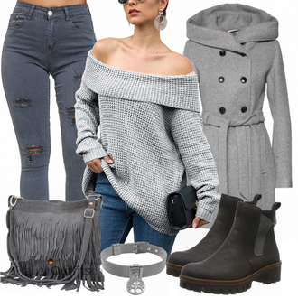 Outfit mit Grau/Dunkelgrau/Braun/Hellgrau Kapuzenmantel/Strickmantel/Lodenmantel/Caban Mantel/Duffle Mantel/Kaschmir Mantel/Wollfleece Mantel/Wintermantel Wollmantel S.Oliver "Rieker Damen"