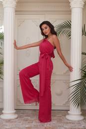 Fuchsia Chiffon One-Shoulder Braided Jumpsuit