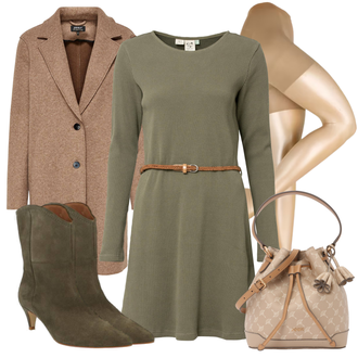 Winter Outfits Mit Gürtel Knielang mit Dunkelgrün/Khaki Langarm Etuikleid/Kleid Mit Gürtel/Langärmliges Winterkleid Ragwear "Perfekt für den Winter"