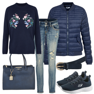 Feine Outfit mit Dunkelblau/Hellblau/Blau Sneaker Low/Walkingschuh/Sneaker Mit Lochmuster/Sommer Sneaker/Schmaler Sneaker/Winter Sneaker/Socke Schuh/Schnürschuh Skechers "BlueTuesday"Look: Uni, Feine, Sportlich, Outdoor