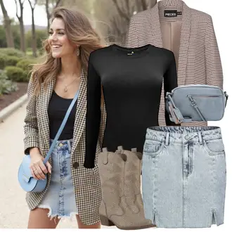 Stiefel Outfits mit Hellblau/Blau/Grau Vintage JeansRock/JeansRock Sublevel "Modisches Freizeit Outfit"