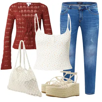 Outfits für Mollige Rockige mit Beige Plateau Sandale/Espadrille-Sandale/Espadrille Mit Keilabsatz/Plateau Espadrille/Sommer Schuh bershka "Sommerliches Freizeit Outfit"Look: Bad Taste, Schlichte, Schick, Elegant, Coole, Rockige, Casual, Classic, Burlesque