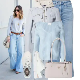 Outfit s Světle modrá/Modrá Basic Svetr/Kašmírový Svetr/Crop Svetr/Svetr z Jemné Pleteniny/Kašmírový Svetr/Pletený Svetr/Svetr Niki/Svetr na kojení/Jednoduchý Svetr/Svetr s V-výstřihem/Vlněný Svetr/Svetry 2 v 1/Svetr Carmen about you x marie von behrens "Stylový look na jaro"