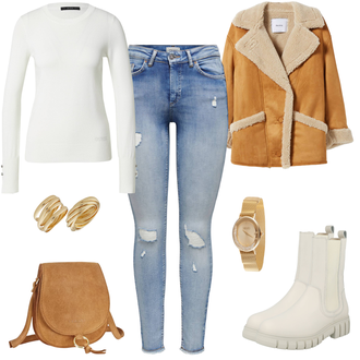 Outfit mit Beige/Gelb/Braun/Orange Herbstjacke/Lammfell Jacke/Teddy Jacke/Vintage Jacke/Mantel mit Fellkragen/Pelzmantel/Lammfell Mantel/Lamahaar-Mantel/Oversize Mantel/Teddy Mantel/Vintage Mantel/Wintermantel bershka "Trendiger Herbstlook"