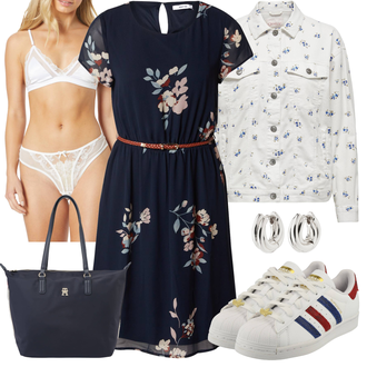 Šifón Outfit s Pastelové barvy/Modrá/Tmavě modrá Šaty s Páskem/Šifonové Šaty/Letní Šaty/Šaty na Podzim/Ležérní Šaty/Šaty S Potiskem About You "Stylový look na jaro"
