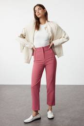 Rose Cigarette Pattern Darted High Waist Ankle Length Woven Fabric Trousers