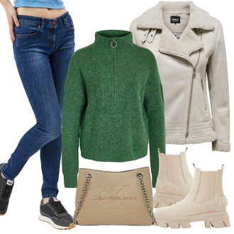 Pravá Kůže Outfit s Béžová/Khaki/Hnědá Chunky Tenisky/Kožená bunda/Chelsea Boty/Letní kotníková kozačka/Gumová Kotníková Bota Aldo "Zimní look"