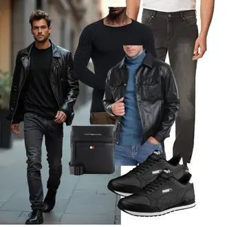 Patches Outfit mit Schwarz/Rot/Blau Lederjacke/Vintage Lederjacke/KunstLederjacke Sailwind "Freizeit Outfit"