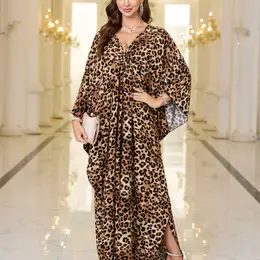 Edolynsa Women's Plus Size Leopard Print Ramadan Kaftan Dress, Braided V Neck, Bat Sleeve, Side Slit, Comfortable Soft Beach Swimwear Cover Up,