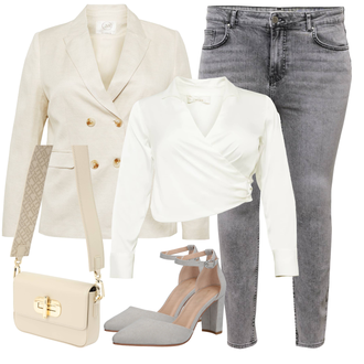Jeans Outfits mit Creme/Beige/Weiß/Khaki Mantel/Anzug Lederjacke/Zweireiher Blazer guido maria kretschmer curvy "Modisches Freizeit Outfit"