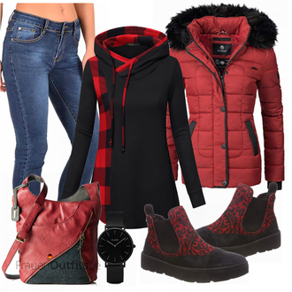 Outfit mit Rot/Dunkelrot Winter Stiefelette/Schuh Ohne Schnürsenkel/Lederjacke/Walkingschuh/Herren Lederschuhe/Chelsea Boot/Flache Stiefelette/Wasserfester Schuh/Bequemer Schuh/Winter Sneaker Think! "Navahoo Jacke"