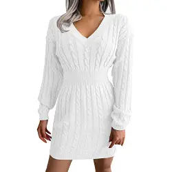 Alueeu Sommerkleid Damen Große Größen Frauen Elegant Langarm V-Ausschnitt Slim Back Stickerei Party Herbst Gerippt Gestrickt Bodycon Pullover Kleid Kleider Damen Winter