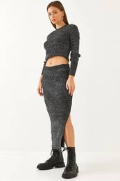Women's Glittery Slit Detailed Knitwear Top-Bottom Set 9911