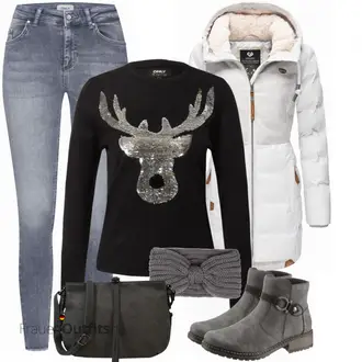 Silvester Outfits mit Grau/Hellgrau/Dunkelgrau Boucle Strickjacke/Strick Poncho/Rundhals-Strickjacke/Winter Strickjacke/Wolle Strickjacke/Wickelstrickjacke/Ohrenwärmer About You "Silvester Outfit"