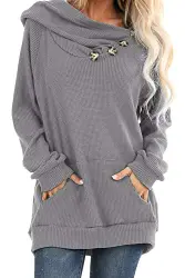 Ancapelion Damen Hoodie Gestrickt Pulli Pullover Langarm Oberteile Einfarbig Sweater Tunika Top mit Knopf Tasche,Grau,S