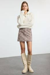 Multicolored Snake Patterned Brown Mini Denim Skirt