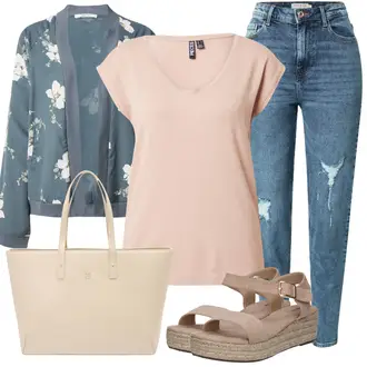 Flower Power Outfit mit Grau/Hellblau/Blau Mantel/Bluse und Tunika/Sweatmode/Bluse Große Größe/Baumwoll Strickjacke/Strickjacke Gefüttert/Kurze Strickjacke/Sommerstrickjacke/Vintage Strickjacke/V-Strickjacke About You "Schöner Sommer Look"