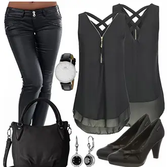 Elegant Outfit mit Schwarz/Dunkelgrau/Grau Elegante Bluse/Bluse Oberteil/Lederjacke/Bluse/Ärmellose Bluse Flying Rabbit "Black"Look: Jazz, Uni, Büro, Romantisch, Coole, 20er Jahre, Elegant, Wetlook, Edel, Schick, Gothic