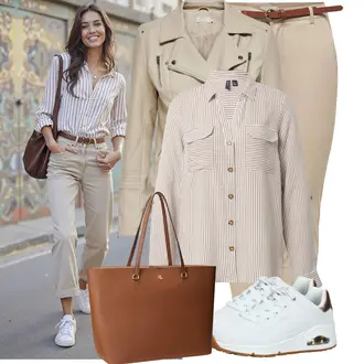 Krásný Outfit s Béžová/Khaki/Hnědá Motorkářské Bund/Kožené Bund Bunda z Umělé Kůže/Bunda s Bočním Zipem/Kožené Bund/Motorkářská bunda Only "Volnočasový outfit na jaro"Look: Šik, Moderní, Krásný, Univerzitní