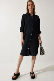 Happiness stanbul Women's Black Oversize Muslin Shirt Dress