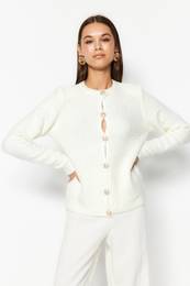 mehka teksturirana Ecru, Tricot Cardigan z dodatki