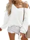 ADREAMLY Damen Off Shoulder Pullover Waffelstrick V-Ausschnitt Strickpullover Jumper Loose Fledermausärmel Pulli Langarm übergroß Winterpullover Casual Oberteile Tops(Weiß,M)