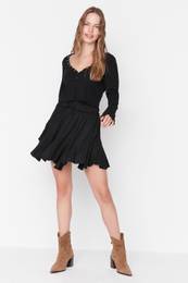 Black Skirt Ruffle Regular Waist Wrap/Textured Mini Knitted Skirt