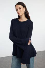 Navy Blue More Sustainable Wide Pattern Peplum Detailed Knitwear Sweater