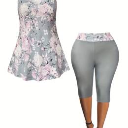 Plus Size Women' Printed 2-piece Set, Elegant Round Neck, Polyester Knit With Stretch, Floral Pattern, Sleeveless Top And Capri Pants Outfit