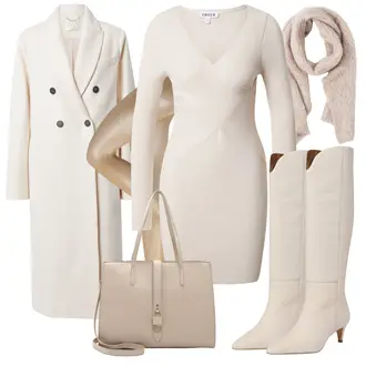 Cowgirl Outfit mit Beige/Weiß/Khaki Kniehoher Stiefel/Langer Stiefel/Overknee Stiefel/Spitzer Stiefel/Vintage Stiefel About You "Elegantes Outfit"Look: Uni, Stil, 80er, Cowgirl, Safari, Western