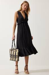 Happiness stanbul Women's Black Deep V Neck Thick Straps Knitted Dress