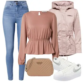 Prošívaný Outfit s Hnědá Taška/Dlouhá tylová sukně/Dlouhé Šaty/Doplňek/Dlouhý Zimní Kabát Guess "Vzhledy pro volný čas"