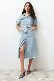 Blue Belt Maxi Denim Dress