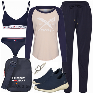 Feine Outfit mit Dunkelblau Sommer Sneaker/gesundheitsschuh/Weicher Schuh/Bequemer Schuh/Walkingschuh Skechers "Tommy Girl"Look: Uni, Feine, Oversize, Sportlich, Outdoor, Skater