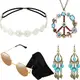 Hippie Kostüm Set mit Sonnenbrille, Stirnband, Friedenszeichen Halskette und Ohrring (Türkisfarbener Stil)
