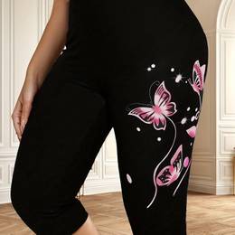 Plus Size Print Capri Leggings, Casual High Waist Stretchy Leggings For , Women's Plus Size Clothing