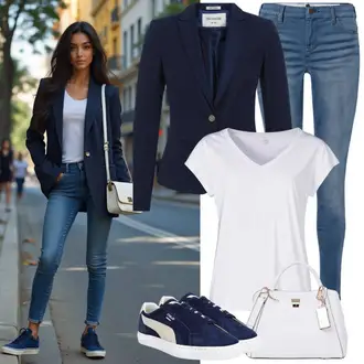 Smart Casual Outfits Sommer mit Dunkelblau/Hellblau Business Anzug/Smoking Blazer/Lässiger Blazer/Blusenblazer/Eleganter Blazer/Boyfriend Blazer/Blazerjacke/Lederjacke für Männer/Lederjacke Fransa, Weiß/Creme Muskelshirt/Funktions T-Shirt/T-Shirt Training/Shirt Puma, Blau Leder Schuhe/Knöchelstiefel/Lederjacke/Schlupfjeans/Push up Jeans/Slim Fit Jeans/Cropped Jeans/Low Waist Jean/Jeans mit Schlitz/Low Rise Jean Tommy Jeans, Weiß/Beige Schultertasche/Schulranzen/Tragetasche/Tasche Büro/Businesstasche/Shopper/Schultertasche Guess, Dunkelblau/Blau Sneaker Low/Schmaler Sneaker/Plateau-Sneaker/Sommer Sneaker/Canvas-Sneaker/Leder Sneaker Hartjes "Stylischer Bauro look"