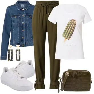 Outfit mit Dunkelgrün/Khaki Casual Top/Casual T-Shirt/Ausgefallenes T-shirt/Langes Oberteil/Longshirt/T-Shirt Mit Print/Hemdoberteil/Kurzarm T-Shirt/Cargo Rock/Cordrock/Midirock/Moderne Rock/Vintage Jeansrock einstein & newton "Leichtes Outfit"