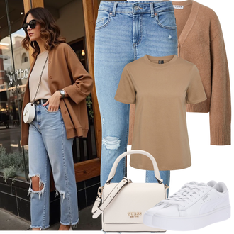 Vatrogasici Outfit sa Bež/Smeđa/Kaki Majica I Top Veći Broj/Bluza Veći Broj Pieces "Proljetni Outfit"Look: Radna odjeća, Mom, Unisex, Vatrogasici, Pomorski